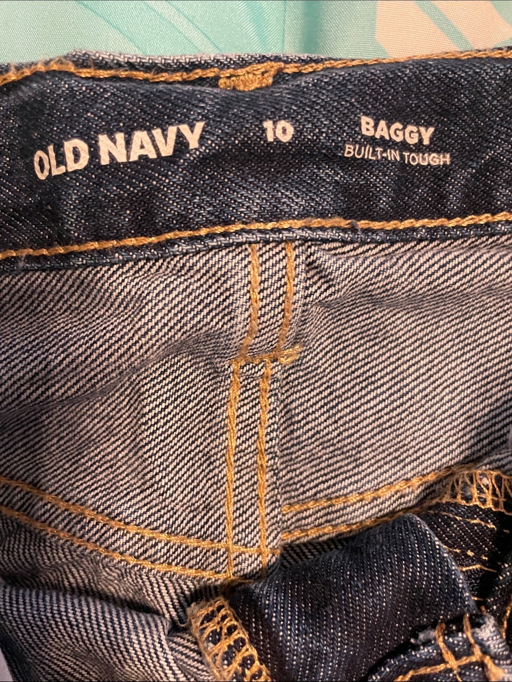 Old Navy Men's Baggy Jeans - Dark Blue Denim with Gold Stitching